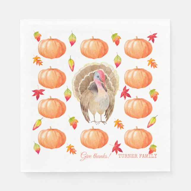 Serviette En Papier Aquarelle Citrouille Turquie Motif Thanksgiving (Devant)