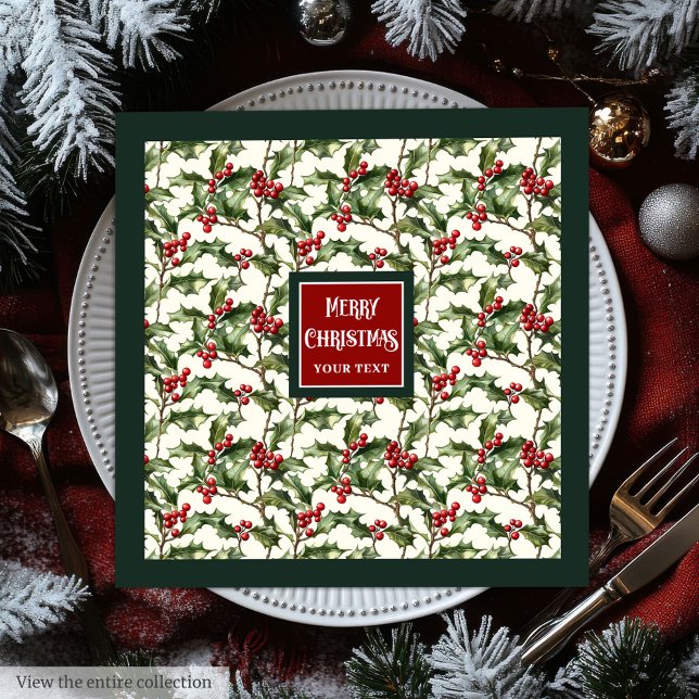 Serviette En Papier Aquarelle classique rouge vert holly berries servi (Classic watercolor red green holly berries napkins)