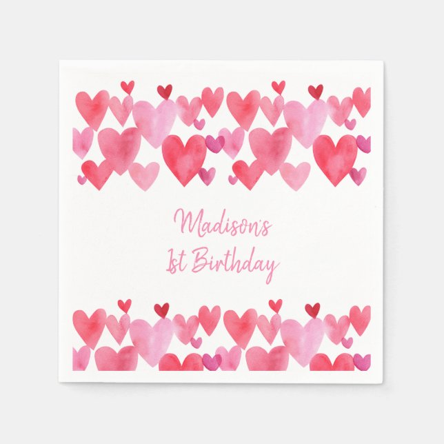 Serviette En Papier Aquarelle Coeurs Anniversaire (Devant)