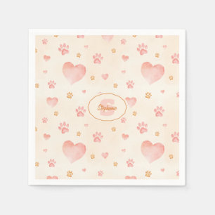 Serviette En Papier Aquarelle Coeurs et Empreintes de pattes Motif