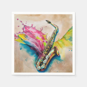 Serviette En Papier Aquarelle colorée Saxophone Splash
