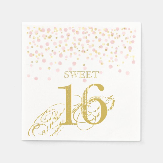 Serviette En Papier Aquarelle Confetti Sweet 16 Elégant Or Rose (Devant)