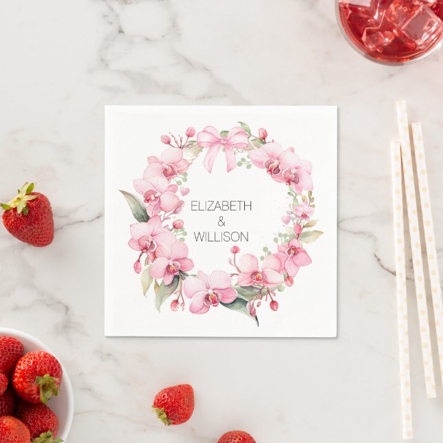 Serviette En Papier Aquarelle couronne d'orchidée rose (En situation)
