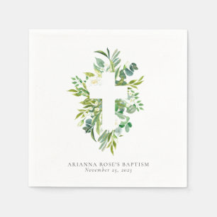 Serviette En Papier Aquarelle Croix Florale Vert Baptême