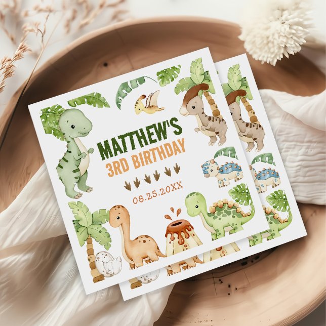 Serviette En Papier Aquarelle Cute Dinosaur Vert 3e anniversaire (Créateur téléchargé)
