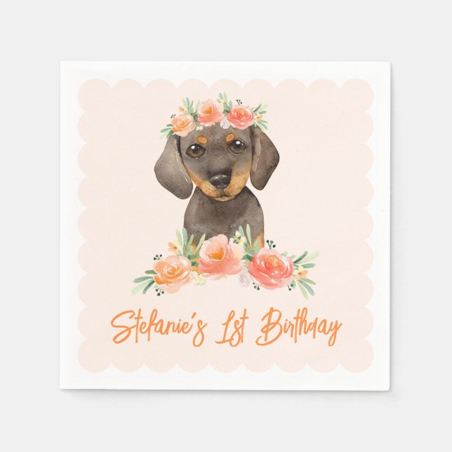 Serviette En Papier Aquarelle Dachshund et Fleurs de Pêche Anniversair (Devant)