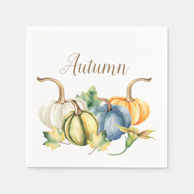 Serviette En Papier Aquarelle d'automne Bleu Orange Vert Blanc Citroui (Devant)