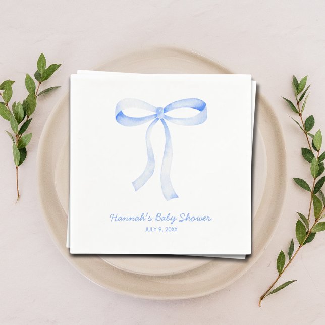 Serviette En Papier Aquarelle de Baby shower bleu personnalisé (Personalized Blue Bow Baby Shower Watercolor Napkins)