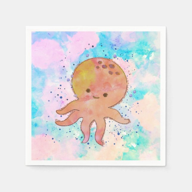 Serviette En Papier Aquarelle de caricature de poulpe mignonne (Devant)