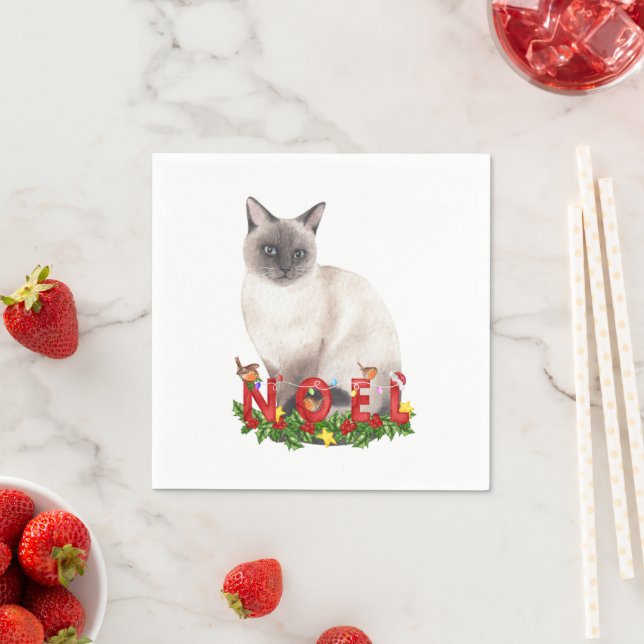 Serviette En Papier Aquarelle de chat siamois de Noël (En situation)
