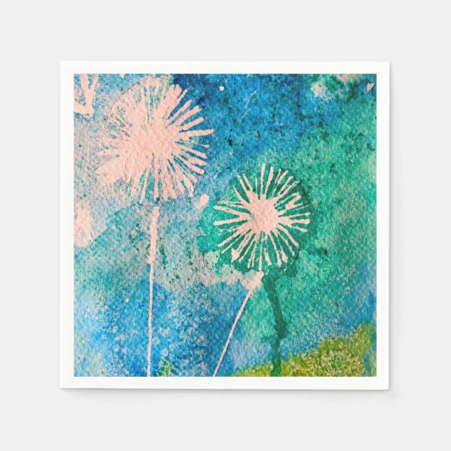Serviette En Papier Aquarelle de Dandelion bleu et vert abstrait (Devant)