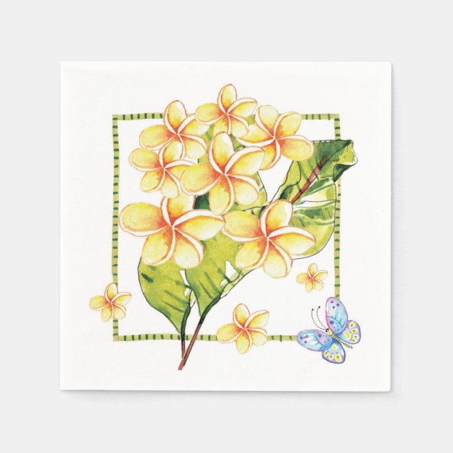 Serviette En Papier Aquarelle de la Plumeria jaune et papillon (Devant)