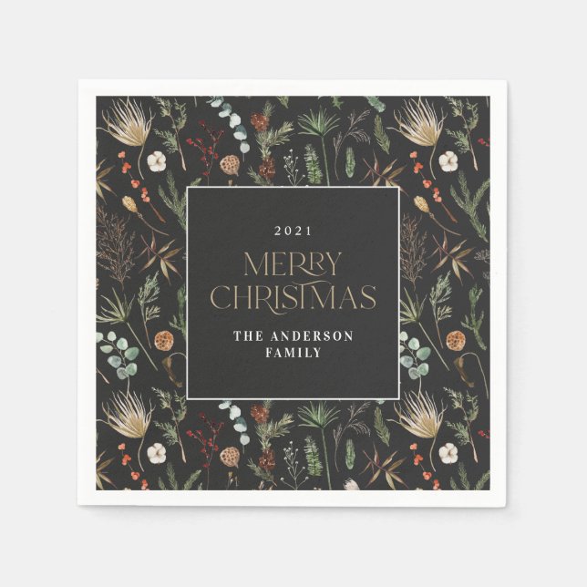 Serviette En Papier Aquarelle de Noël botanique floral foncé moody (Devant)