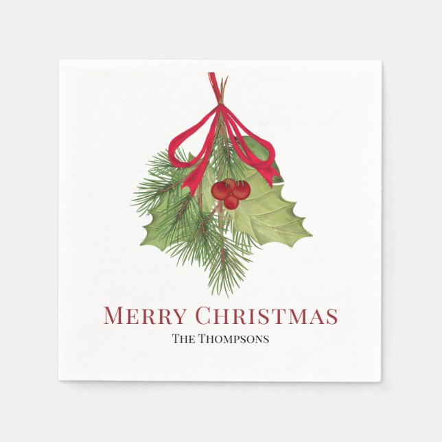 Serviette En Papier Aquarelle de Noël Rouge Holly Berries Simple (Devant)