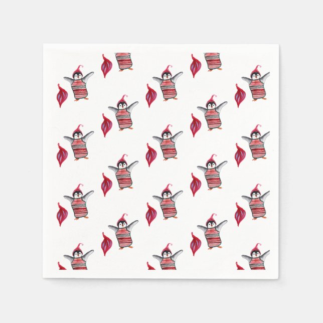 Serviette En Papier Aquarelle de pingouin Art pour Noël (Devant)