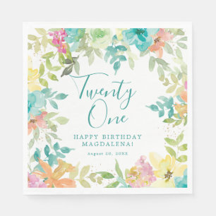 Serviette En Papier Aquarelle d'été Floral 21e Anniversaire Personnali