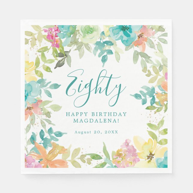 Serviette En Papier Aquarelle d'été Floral Custom 80e anniversaire (Devant)