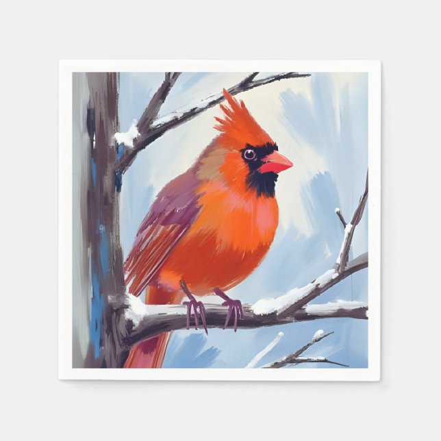 Serviette En Papier Aquarelle d'hiver cardinale rouge (Devant)