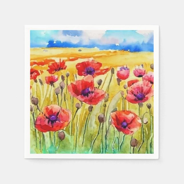 Serviette En Papier aquarelle du champ de pavot écarlate brillant (Devant)