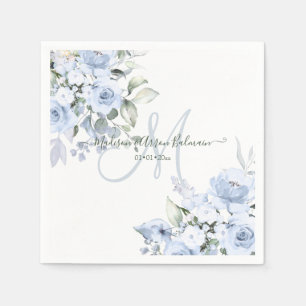 Serviette En Papier Aquarelle en fleur délicate Dusty Blue Monogramme