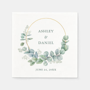 Serviette En Papier Aquarelle Eucalyptus Green Mariage Gold Frame