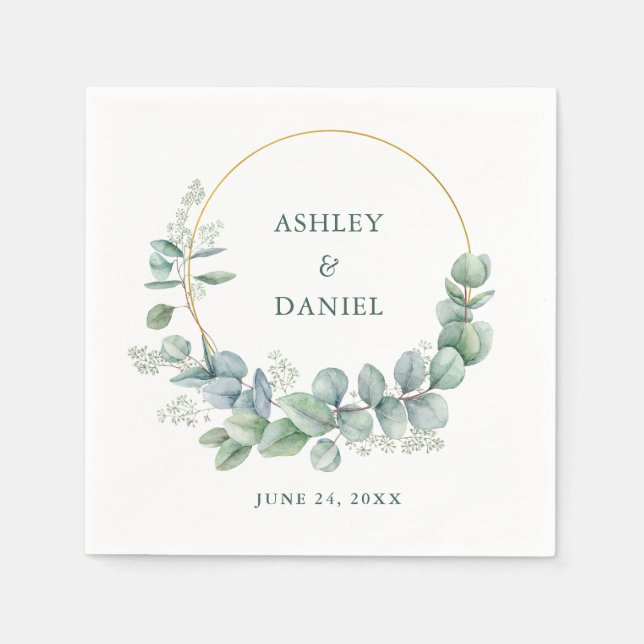 Serviette En Papier Aquarelle Eucalyptus Green Mariage Gold Frame (Devant)