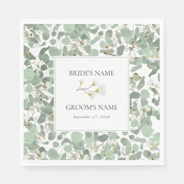 Serviette En Papier Aquarelle Eucalyptus Mariage de fleurs vertes (Devant)