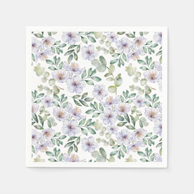 Serviette En Papier Aquarelle Eucalyptus & Motif de fleurs pourpres (Devant)