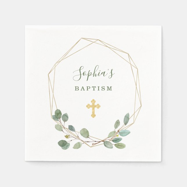 Serviette En Papier Aquarelle Eucalyptus Or Géométrique | Baptême (Devant)