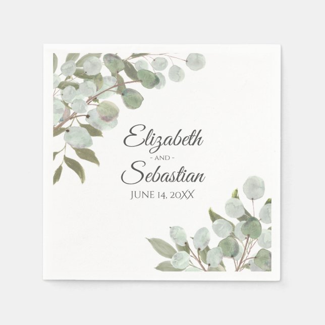 Serviette En Papier Aquarelle Eucalyptus & Verdure Mariage élégant (Devant)