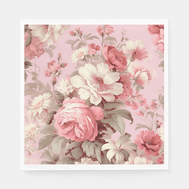 Serviette En Papier Aquarelle Ferme Roses roses et Cosmos blancs (Devant)