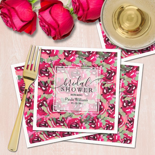 Serviette En Papier Aquarelle Fête des mariées Fleurs roses (Chic watercolor hot pink floral bridal shower personalized napkins)