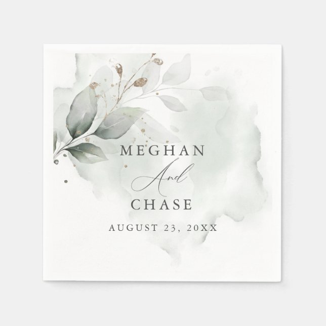 Serviette En Papier Aquarelle feuillage vert dusté (Devant)