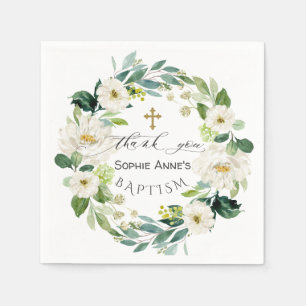 Serviette En Papier Aquarelle Fleurs blanches Wreath Cross Baptism