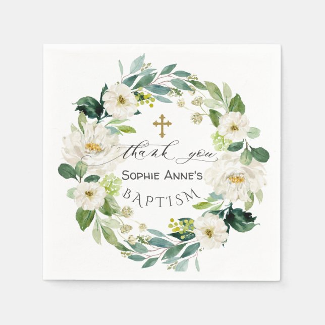 Serviette En Papier Aquarelle Fleurs blanches Wreath Cross Baptism (Devant)