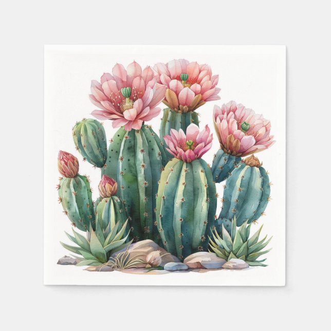 Serviette En Papier Aquarelle fleurs du désert cactus. (Devant)