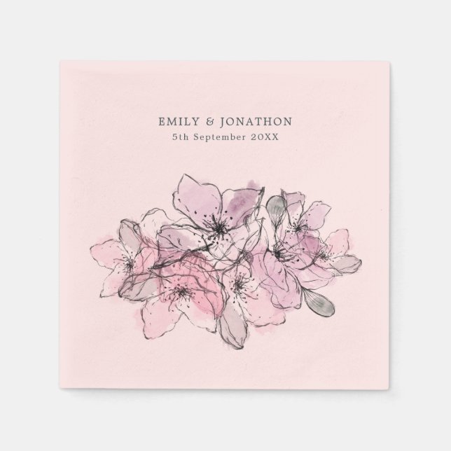 Serviette En Papier Aquarelle Fleurs Lilac Rose Nom Date Mariage (Devant)