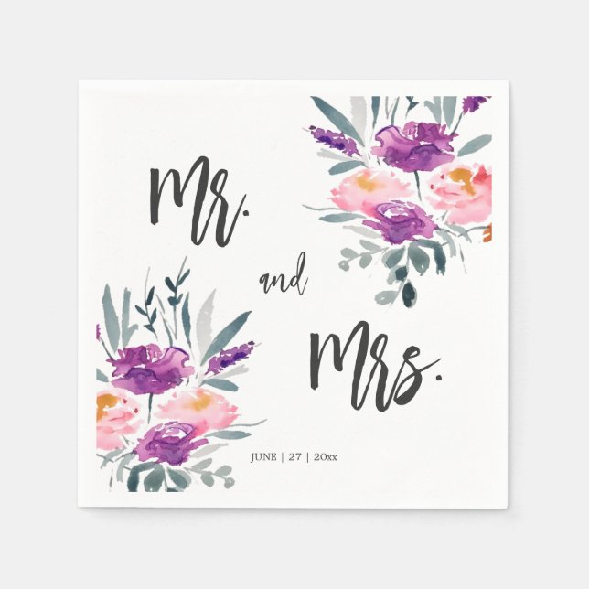 Serviette En Papier Aquarelle Fleurs Mariage serviettes (Devant)