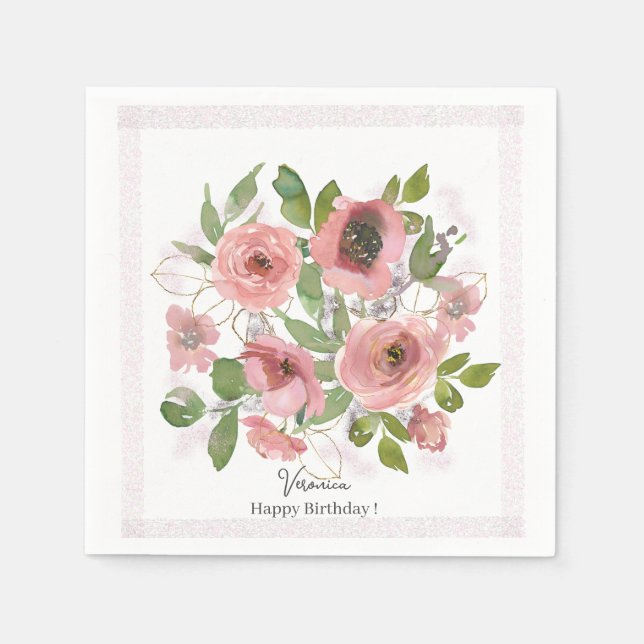 Serviette En Papier Aquarelle Fleurs roses sur Blanc (Devant)