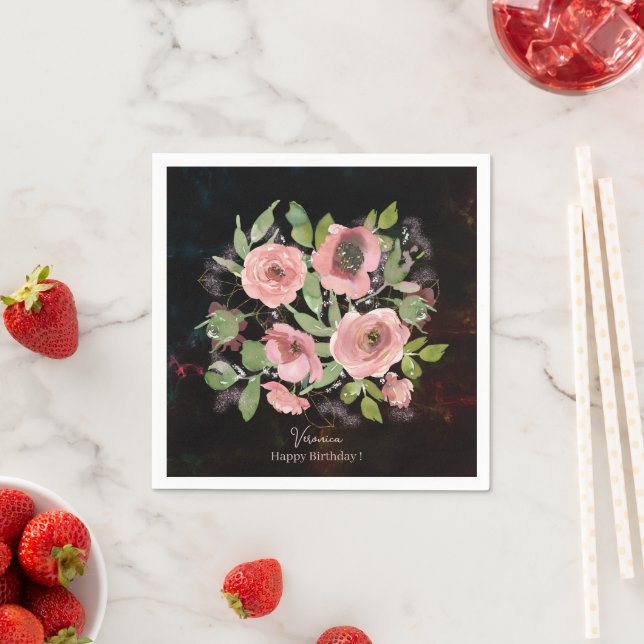 Serviette En Papier Aquarelle Fleurs roses sur Noir (En situation)