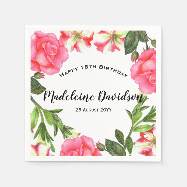 Serviette En Papier Aquarelle Fleurs rouges et roses Conception de cou (Devant)