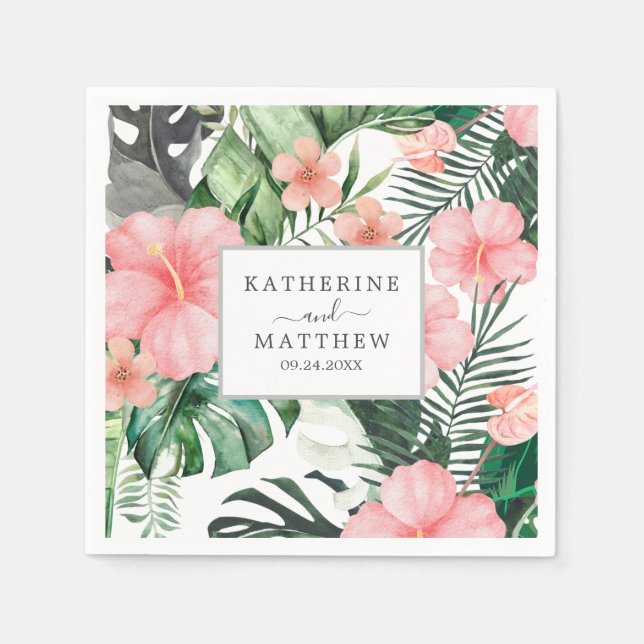 Serviette En Papier Aquarelle Fleurs tropicales Verdure Mariage blanc (Devant)