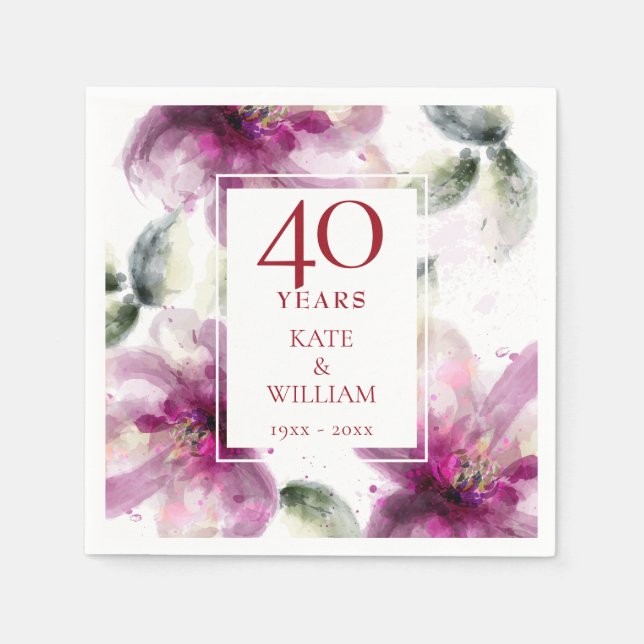 Serviette En Papier Aquarelle Floral 40e anniversaire de Mariage Ruby (Devant)