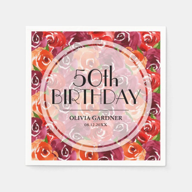 Serviette En Papier Aquarelle Floral 50e anniversaire (Devant)