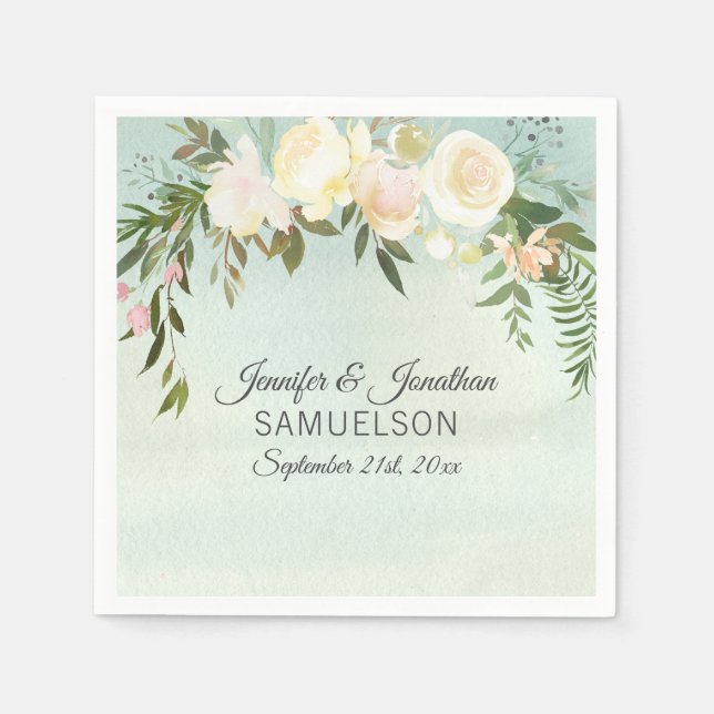 Serviette En Papier Aquarelle Floral rose Monnaie d'ivoire Mariage (Devant)