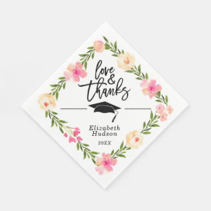 Serviette En Papier Aquarelle Floral Script Aimer & Merci Graduation