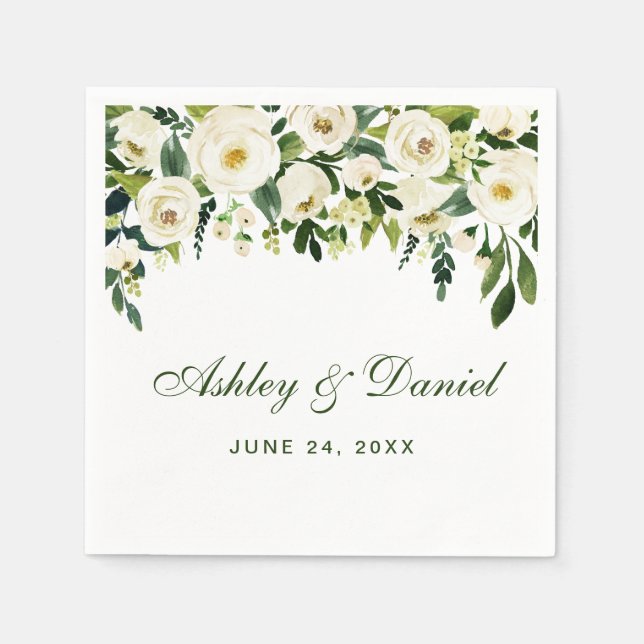 Serviette En Papier Aquarelle Floral Vert et blanc Mariage (Devant)