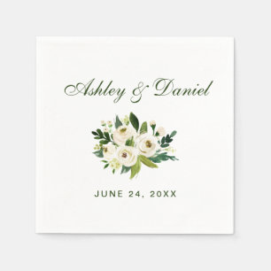 Serviette En Papier Aquarelle Floral Vert Mariage blanc