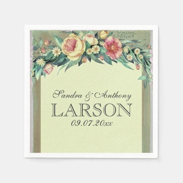 Serviette En Papier Aquarelle Floral Vert & Mariage rose Napkin (Devant)