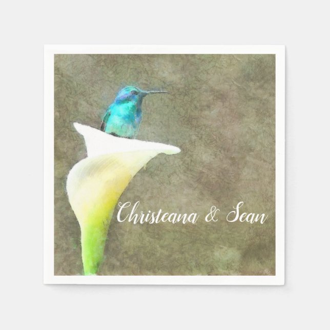 Serviette En Papier Aquarelle florale blanche Turquoise de colibri (Devant)